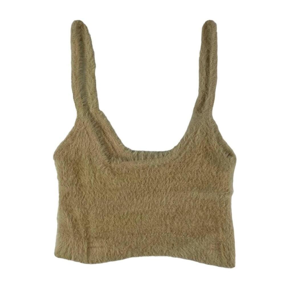 Street Wear Society Crop Top Women Large Beige Knit Nylon Sleeveless Square Neck